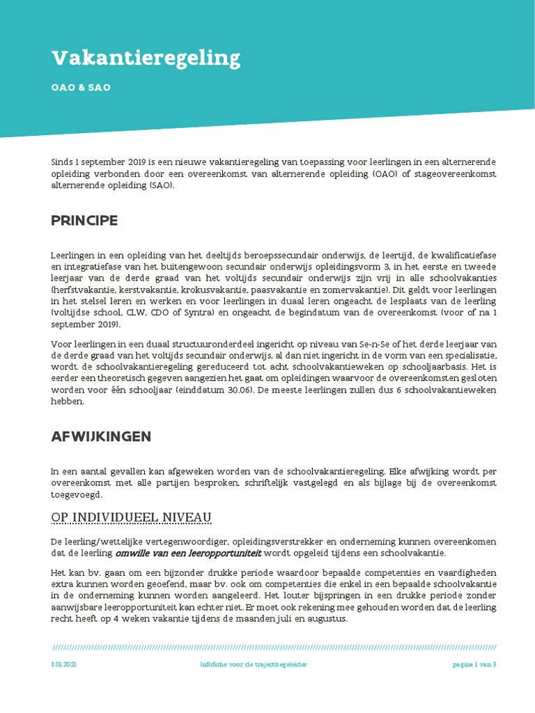 Infofiche Voor de Trajectbegeleider Vakantieregeling PDF