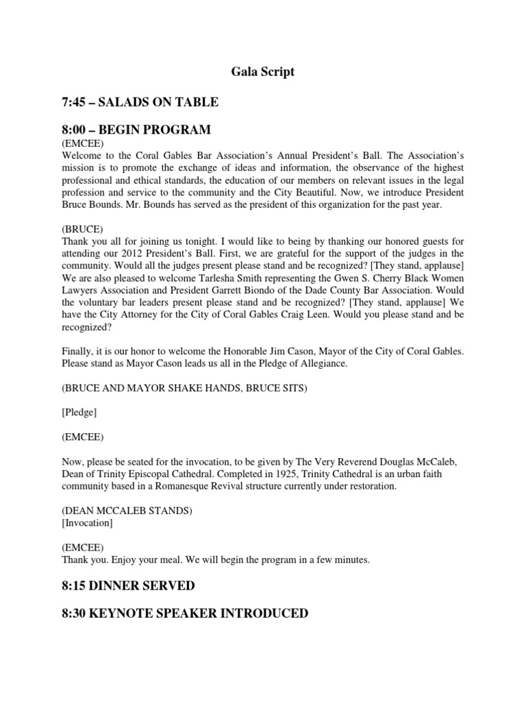 Gala Script 7:45 - Salads On Table 8:00 - Begin Program | PDF | Politics