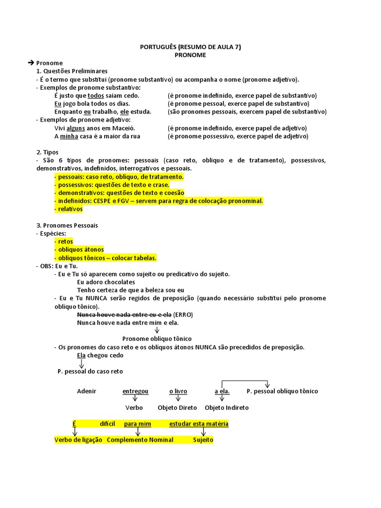 Resumo De Aula 7 Pronome Pdf Pronome Sintaxe