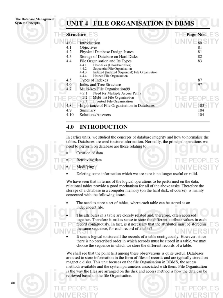 Unit 4 File Organisation in DBMS Structure Page Nos PDF Database