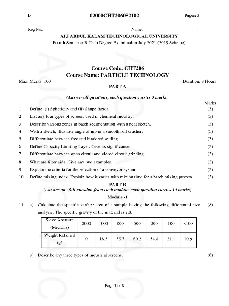 Particle Technology Exam Questions PDF Filtration Mill (Grinding)