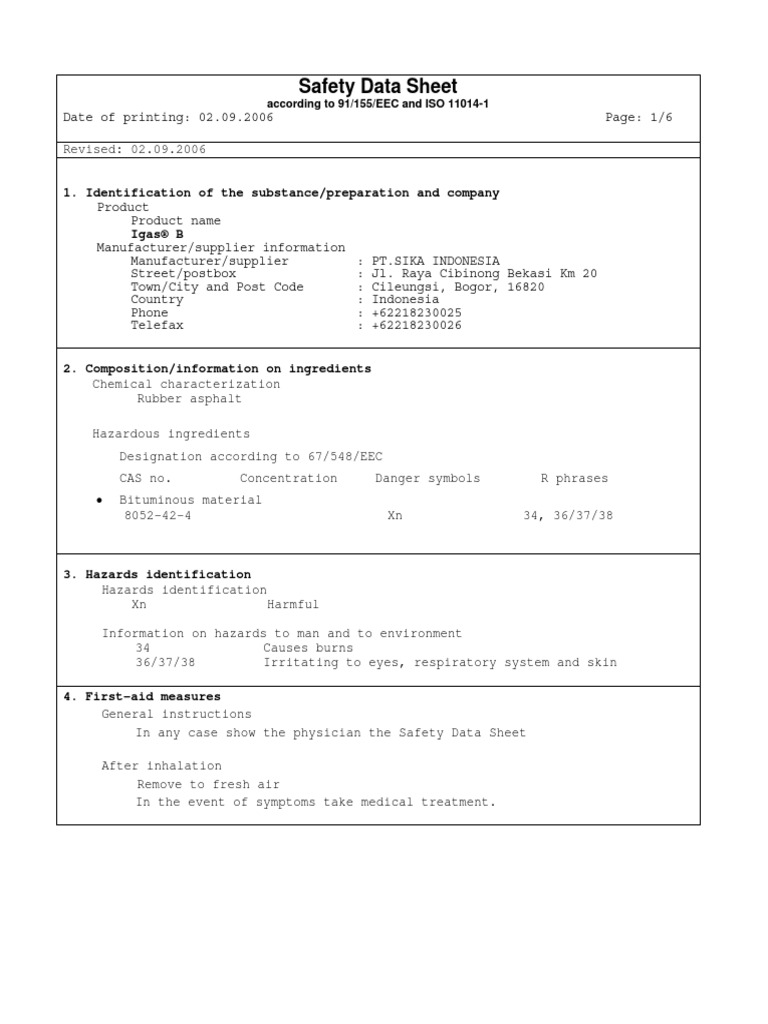 Safety Data Sheet 1. Identification of The Substance/preparation and