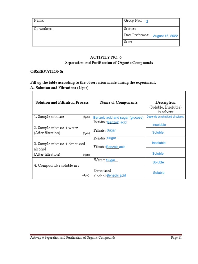 Activity 6 Separation and Purification of Organic Compounds Worksheet
