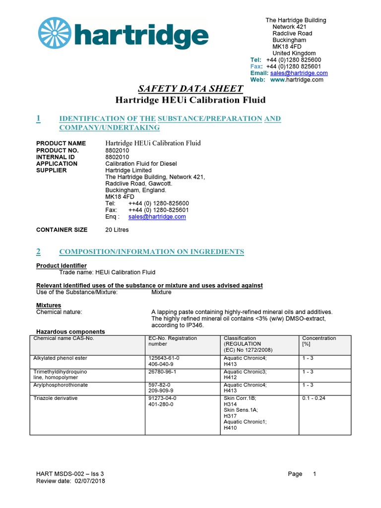 HART MSDS 002 Heui Calibration Fluid Iss 3 PDF Firefighting