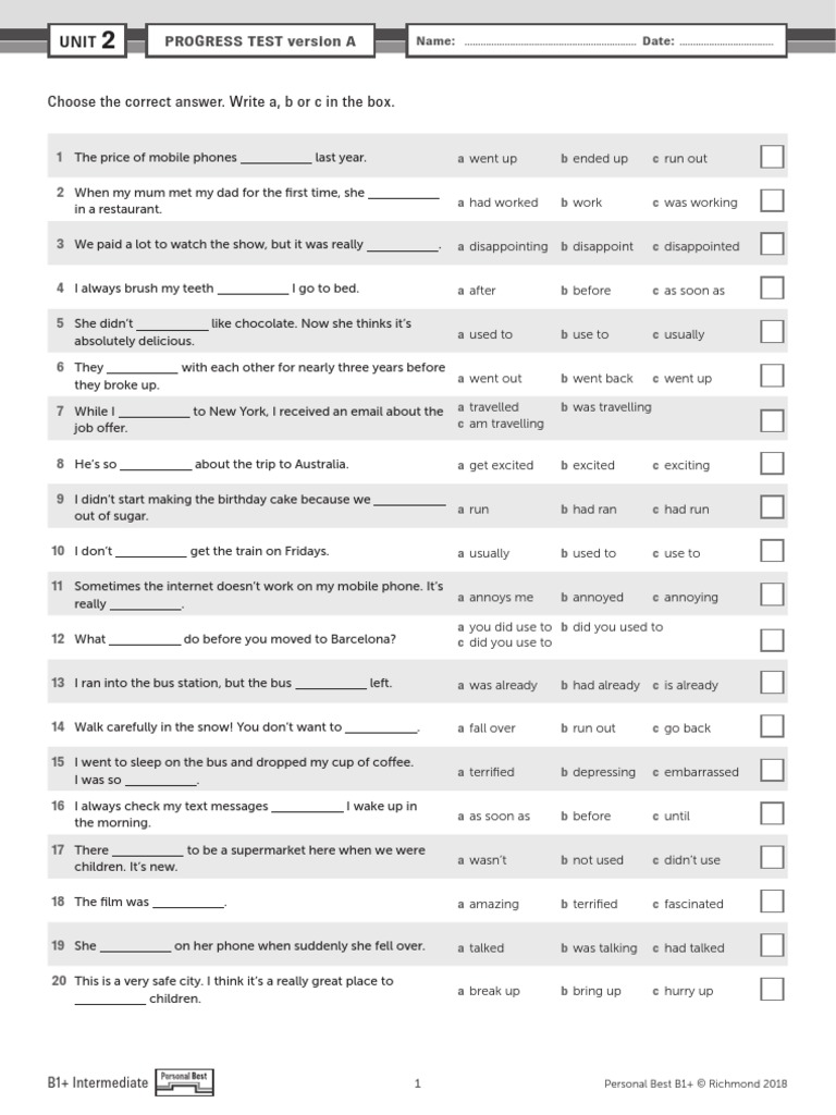 Progress Test Version A: Choose The Correct Answer. Write A, B or C in ...