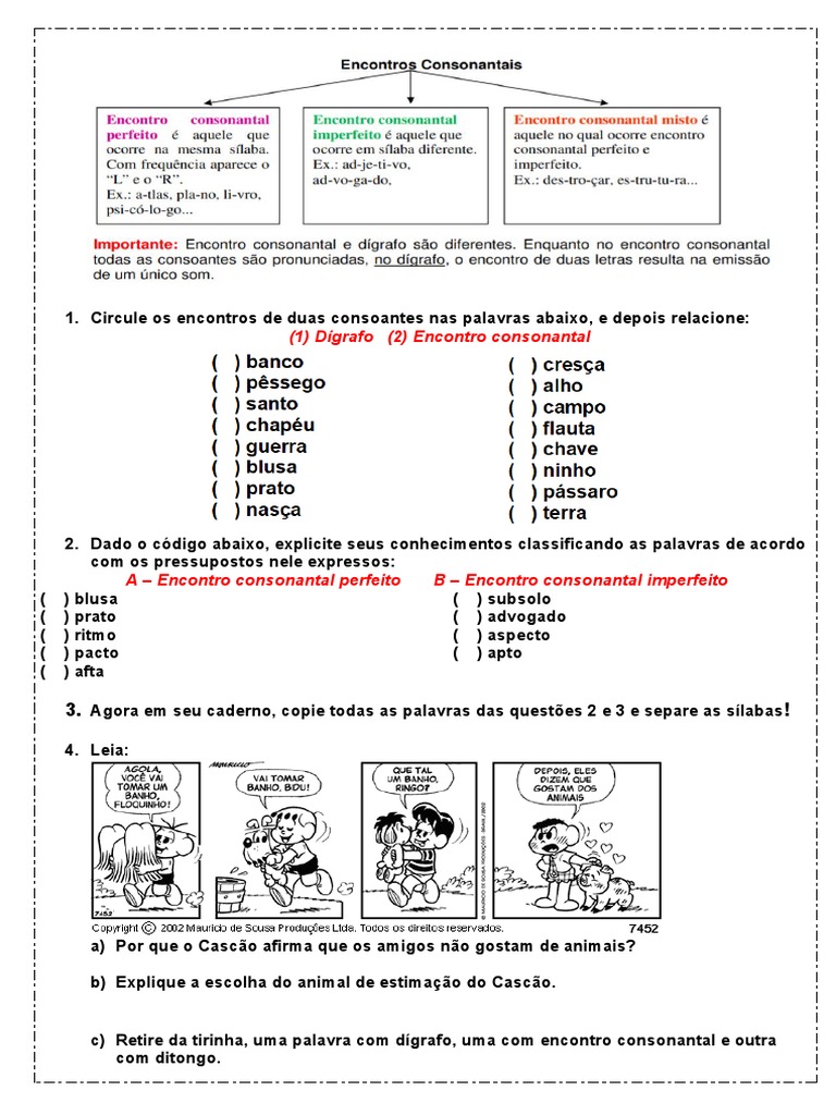 Atividades sobre Dígrafos e Encontros Consonantais | PDF