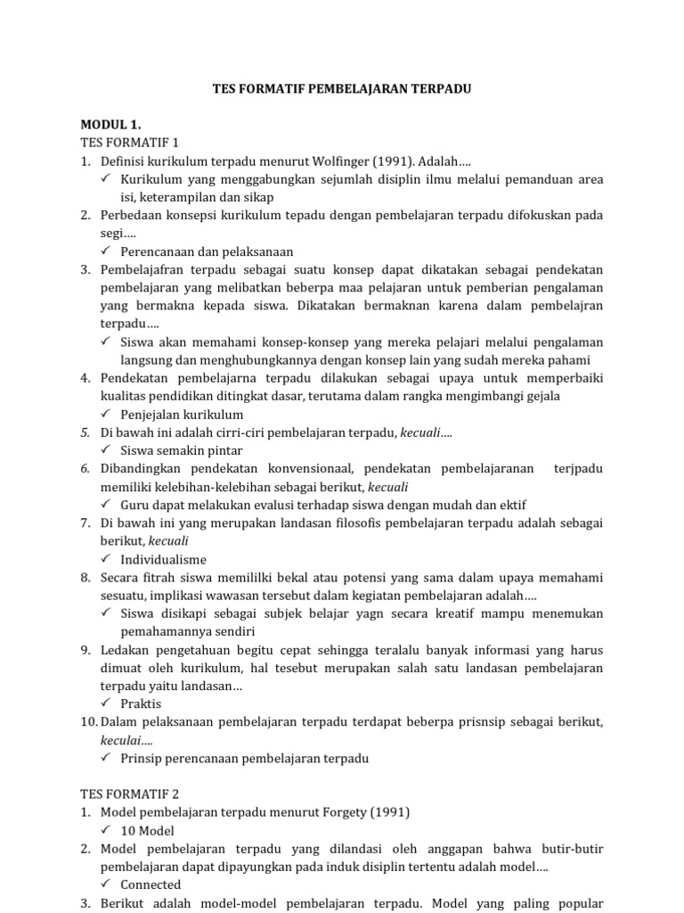 Tes Formatif Pembelajaran Terpadu