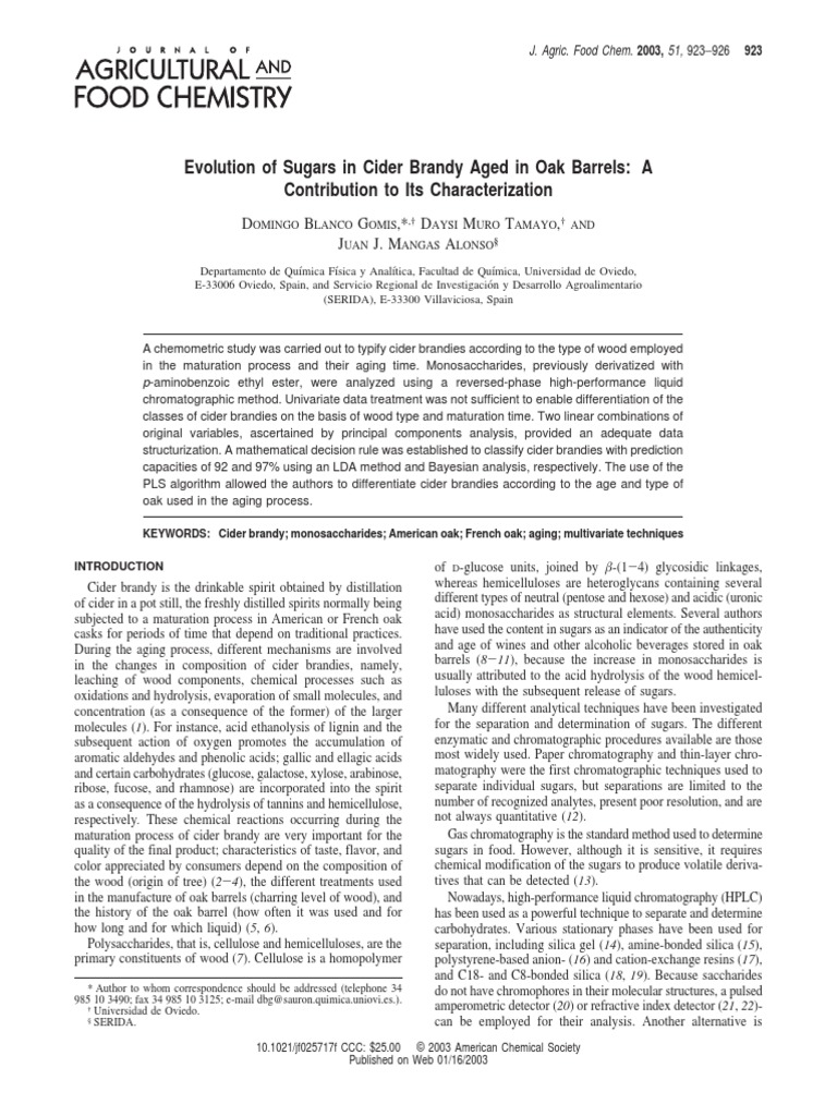 Evolution of Sugars in Cider Brandy Aged in Oak Barrels PDF