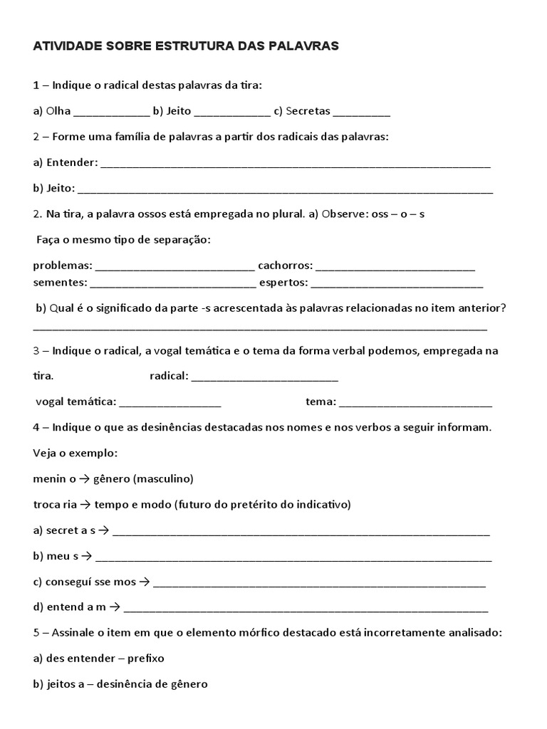 Atividade Sobre Estrutura Das Palavras | PDF | Palavra | Linguística