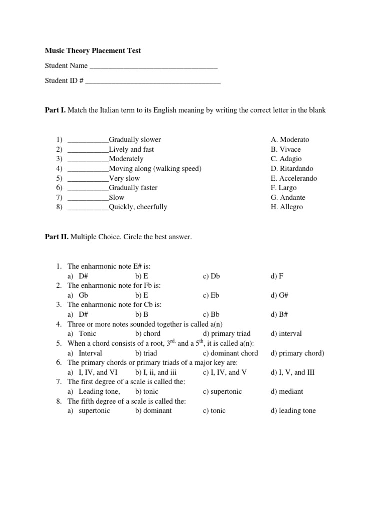 Music Theory Placement Test Overview | PDF | Chord (Music) | Scale (Music)
