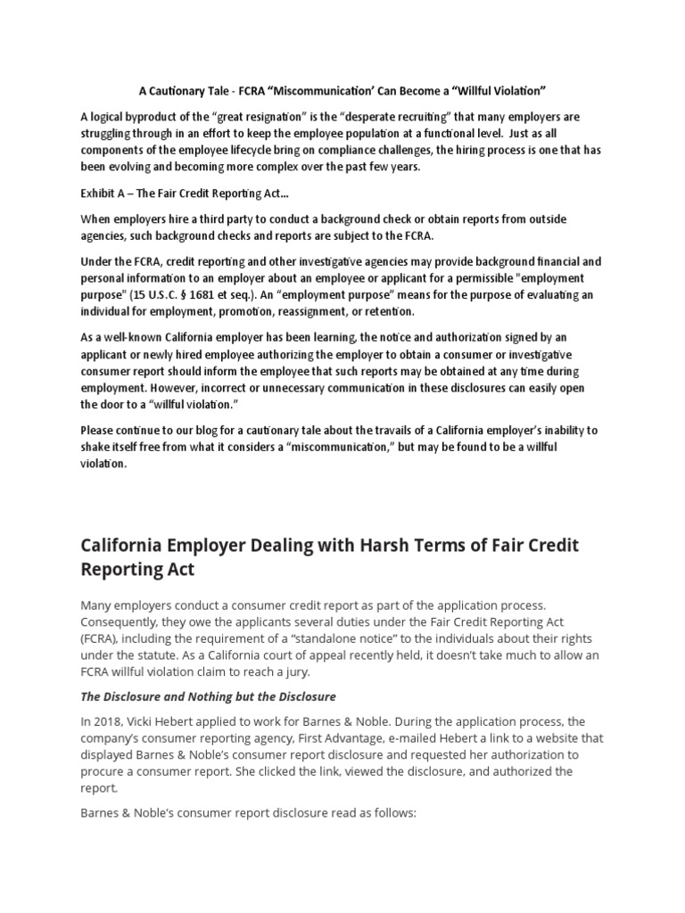 California employer learns the hard way that even minor fair credit