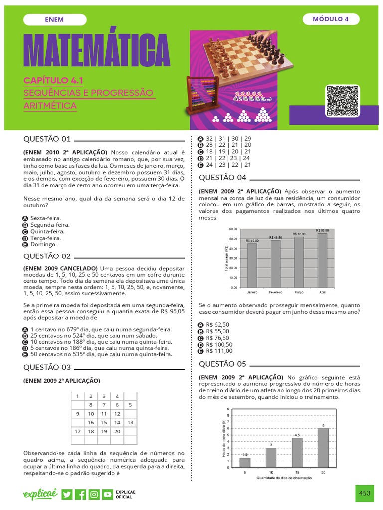 4 1 Sequencia e Progressao Aritmetica Exercicios Enem PDF | PDF