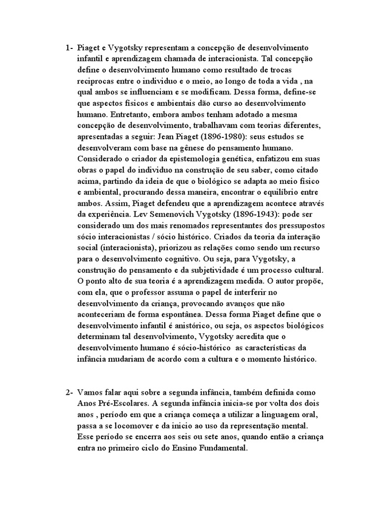 Teorias de Piaget e Vygotsky no Desenvolvimento Infantil | PDF ...