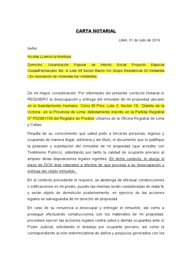 Carta Notarial Desalojo Pdf