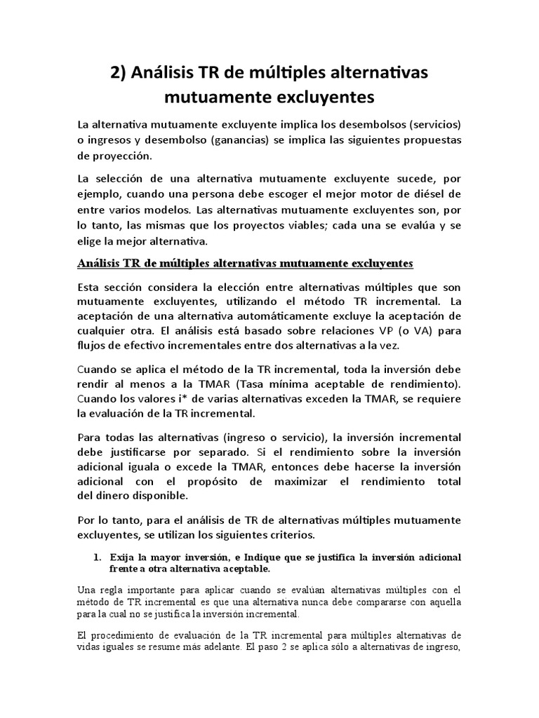 Evaluación de Alternativas Mutuamente Excluyentes | PDF | Matemáticas ...