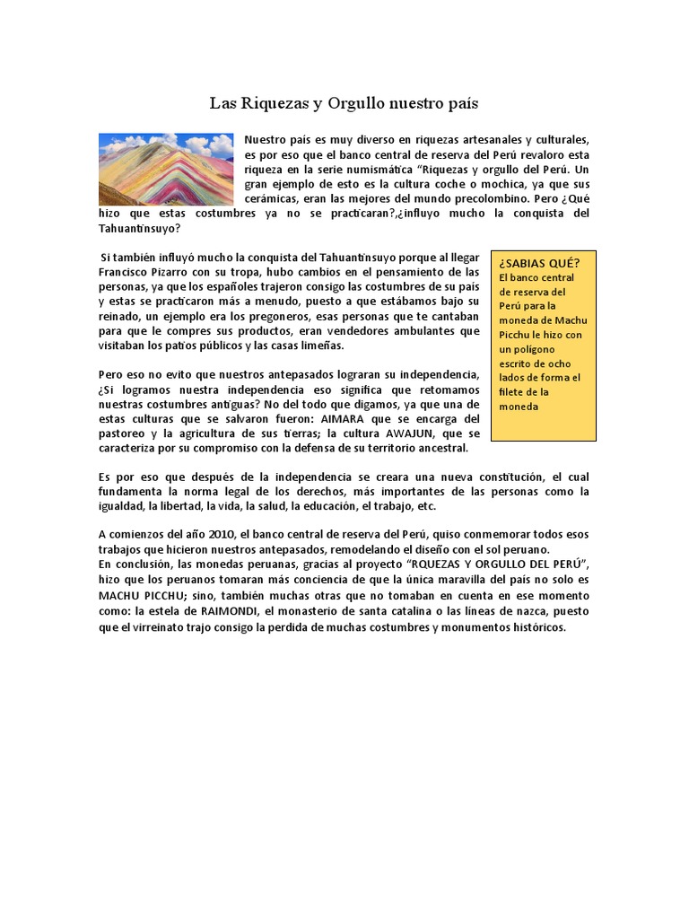 Las Riquezas y Orgullo Nuestro País | PDF | Perú | América del Sur