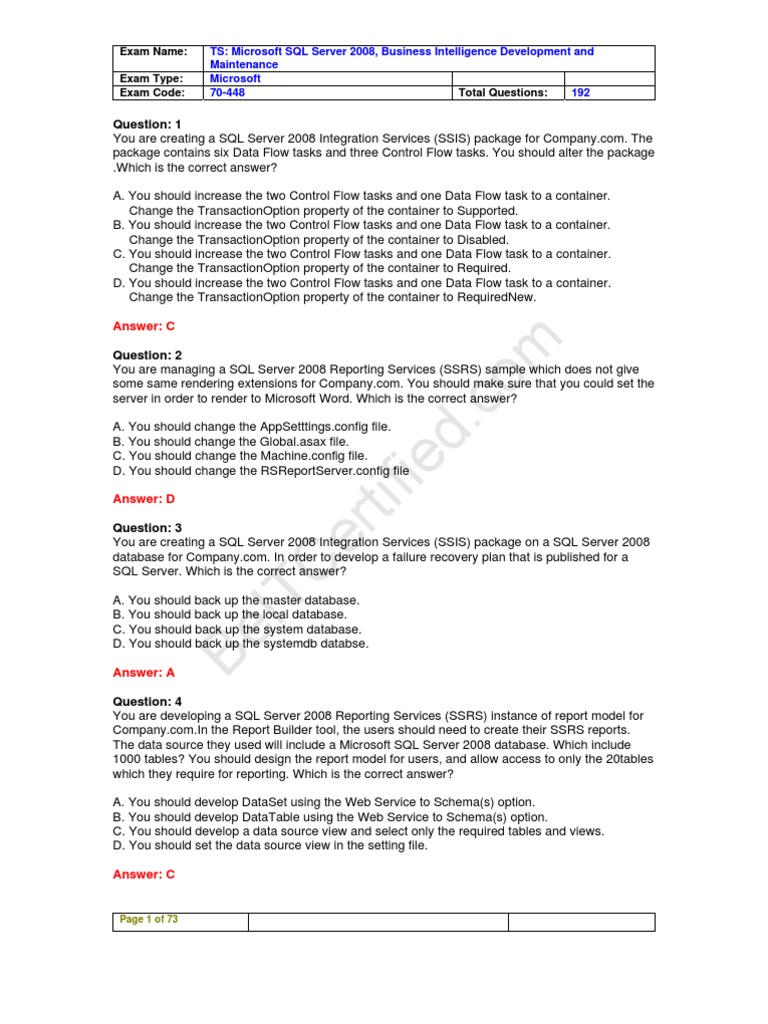 SQL Server 2008 - Business Intelligence Dev and Maint 70-448-Exam ...
