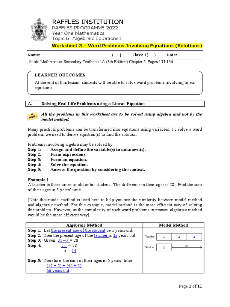 Solving Linear Equations Word Problems | PDF | Equations | Algebra