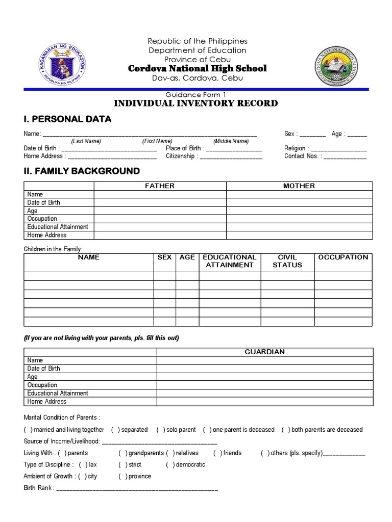 Individual Inventory Record Form | PDF | Social Psychology | Health ...