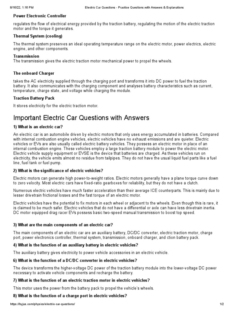 Important Electric Car Questions With Answers PDF Electric Vehicle