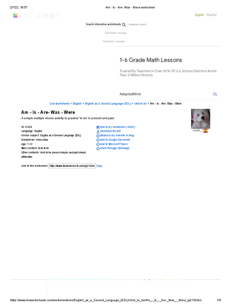 Am - Is - Are - Was - Were Worksheet | PDF | Worksheet | English As A ...