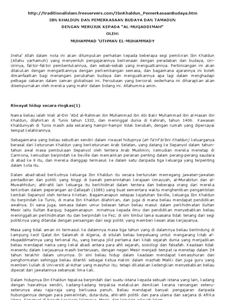 Ibn Khaldun Dan Pemerkasaan Budaya Dan Tamadun Dengan Merujuk Kepada Al Muqaddimah Oleh Muhammad Uthman El Muhammady