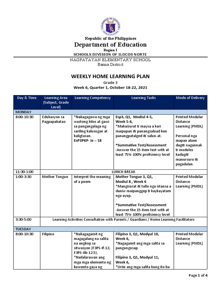 Grade 3 Weekly Home Learning Plan | PDF | English Language | Languages