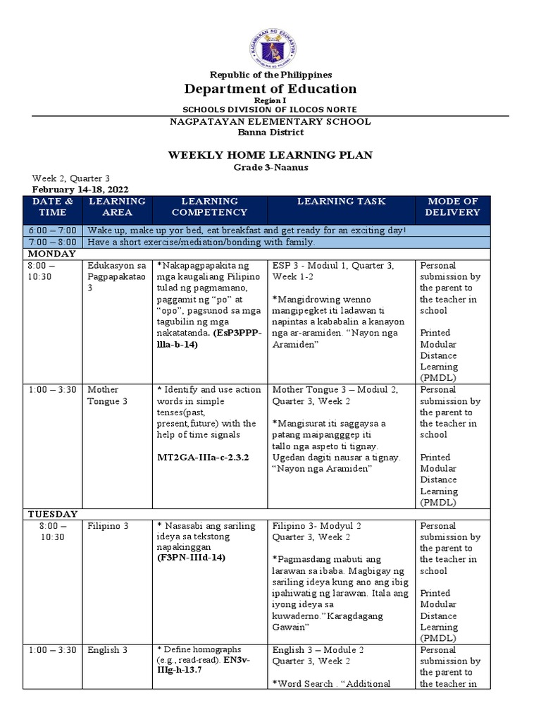 Grade 3 Weekly Home Learning Plan | PDF | Linguistics