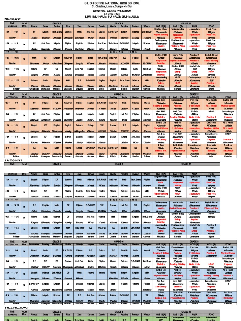 St. Christine National High School General Class Program for SY 2022