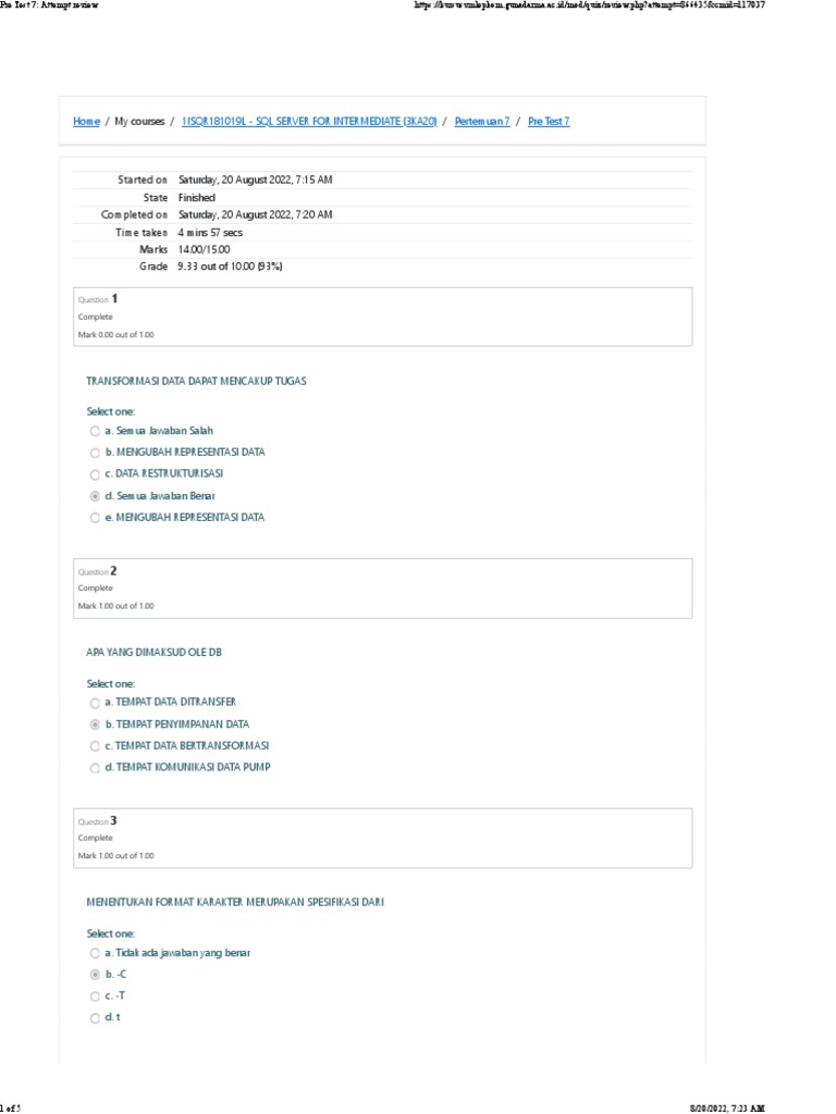 Pre Test SQL Server: Pertemuan 7 | PDF | Komputer