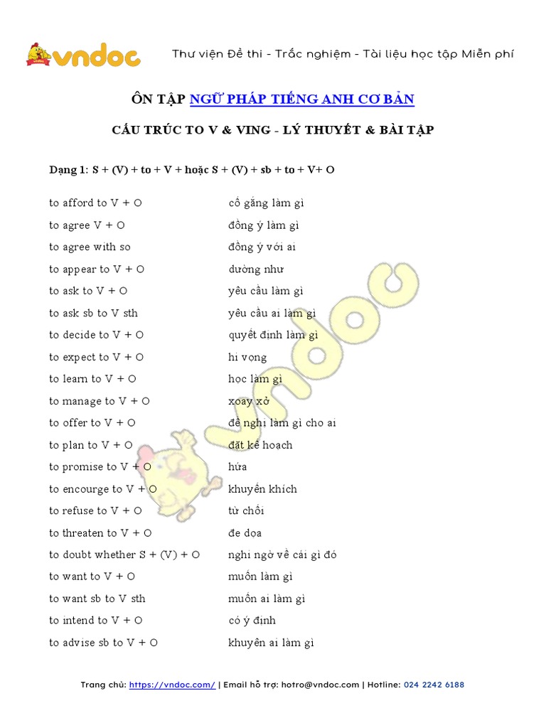 101 Cau Truc Dong Tu To V Va Ving Thuong Gap | PDF