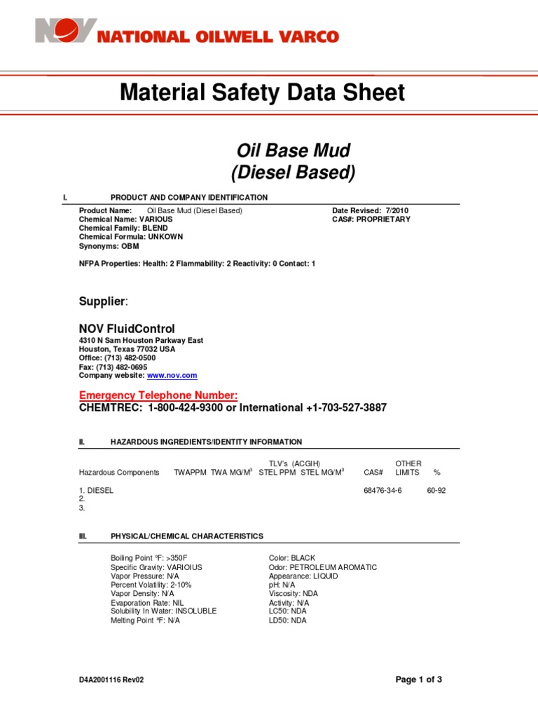 NOV OBM Whole Mud MSDS Download Free PDF Water Diesel Fuel