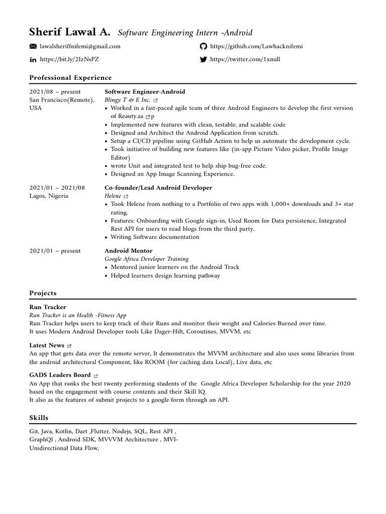 Android Software Engineer Intern Profile | PDF | Android (Operating ...