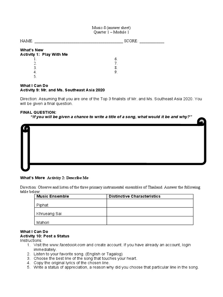 MUSIC-8 Q1 M1 (Answer Sheet) | PDF | Performing Arts | Musical Instruments