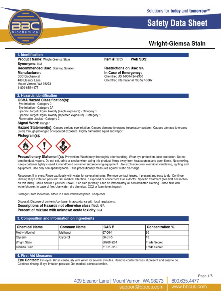 WrightGiemsa Stain Safety Data Sheet PDF Water Combustion