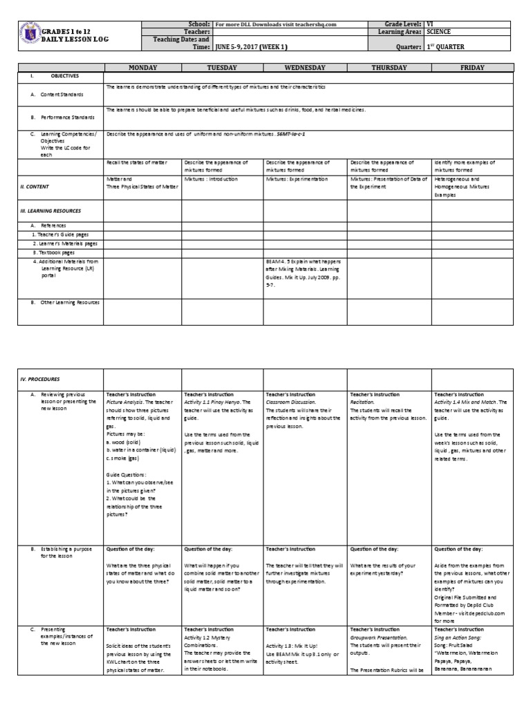 Grade 6 Science DLL Q1 Week 1 | PDF | Mixture | Teachers