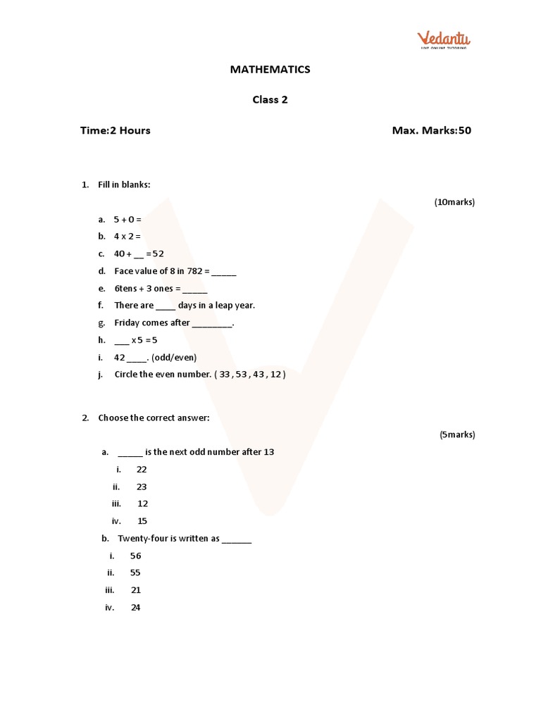 CBSE Sample Papers for Class 2 Maths - Mock Paper 1 | PDF | Mathematics