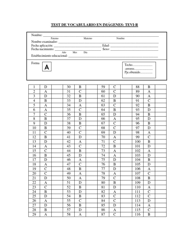 Test de Vocabulario TEVI-R en Imágenes | PDF