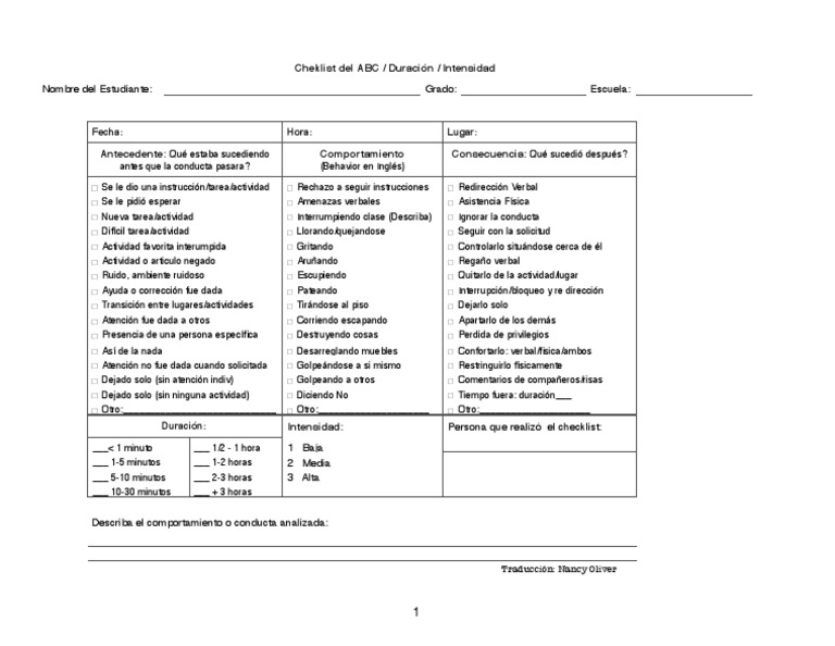 Checklist Del ABC de Comportamiento | PDF