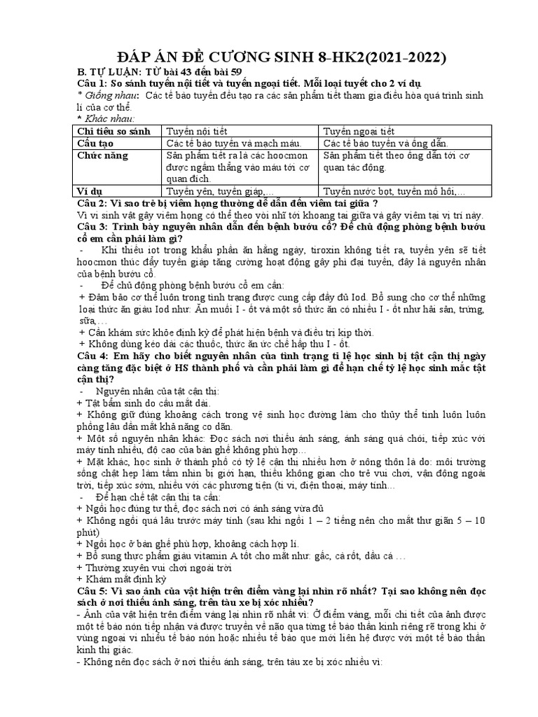 Đáp Án Đề Cương Sinh 8 | PDF