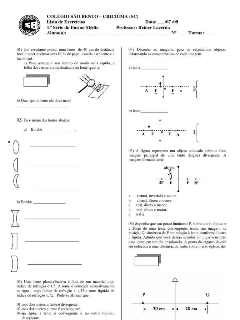 Exercícios sobre Lentes Esféricas | PDF | Lente (ótica) | Ótica