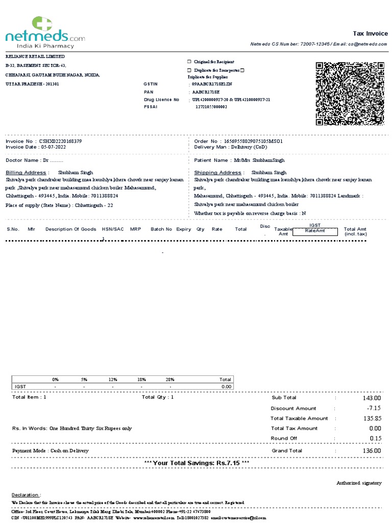 Tax Invoice: Gstin PAN Drug Licence No Fssai | PDF | Government | Money