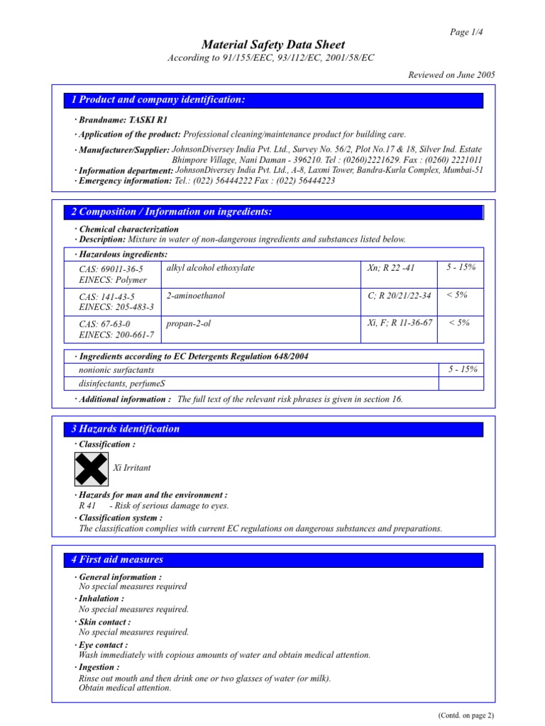 taski r1 msds Chemistry Materials