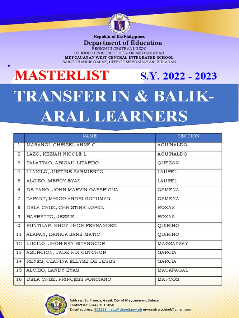 Meycauayan West Central Integrated School Transfer Masterlist | PDF ...