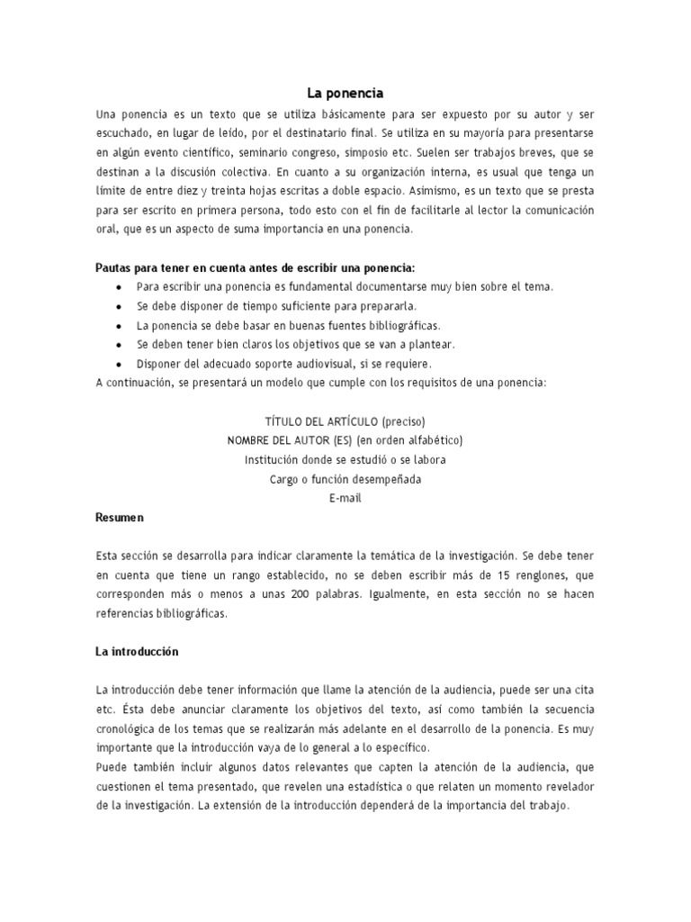 Estructura y Ejemplo de Ponencia | PDF | Sumario abstracto) | Marco ...