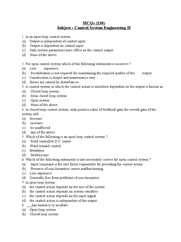 MCQs Conrol System Engg.II PDF Feedback Control Theory