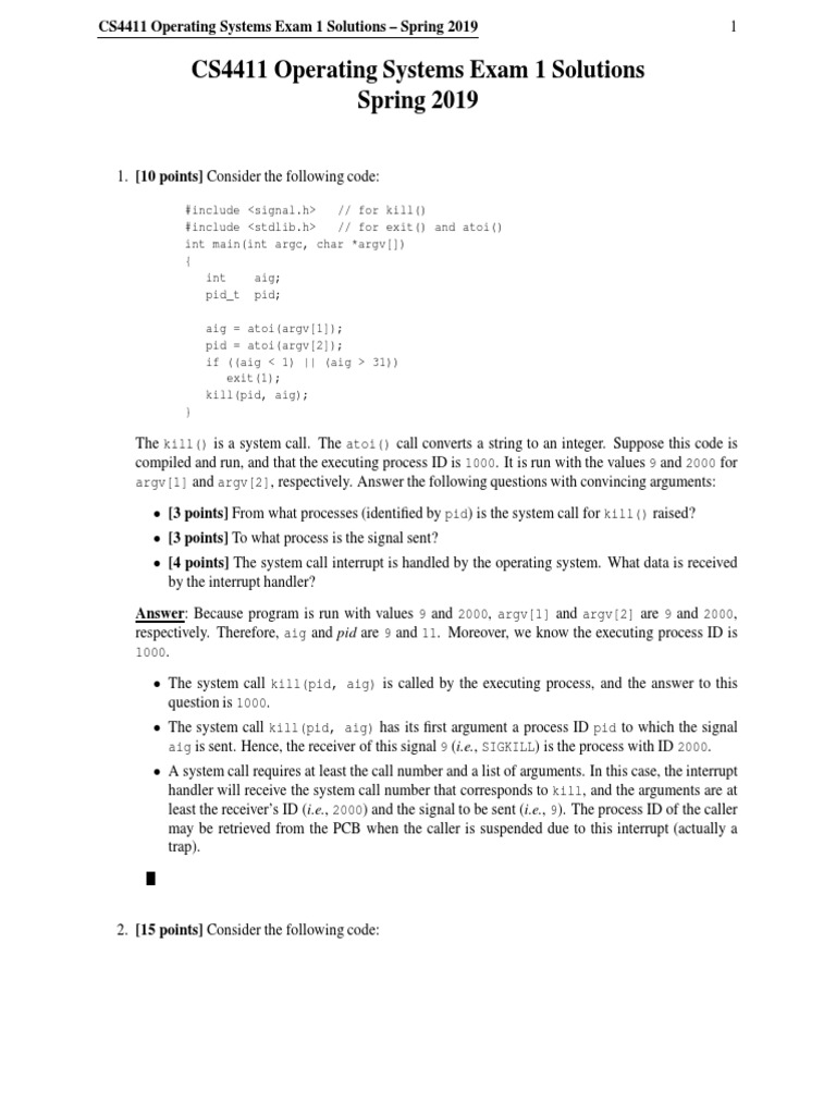 CS4411 Operating Systems Exam 1 Solutions Spring 2019 PDF Software