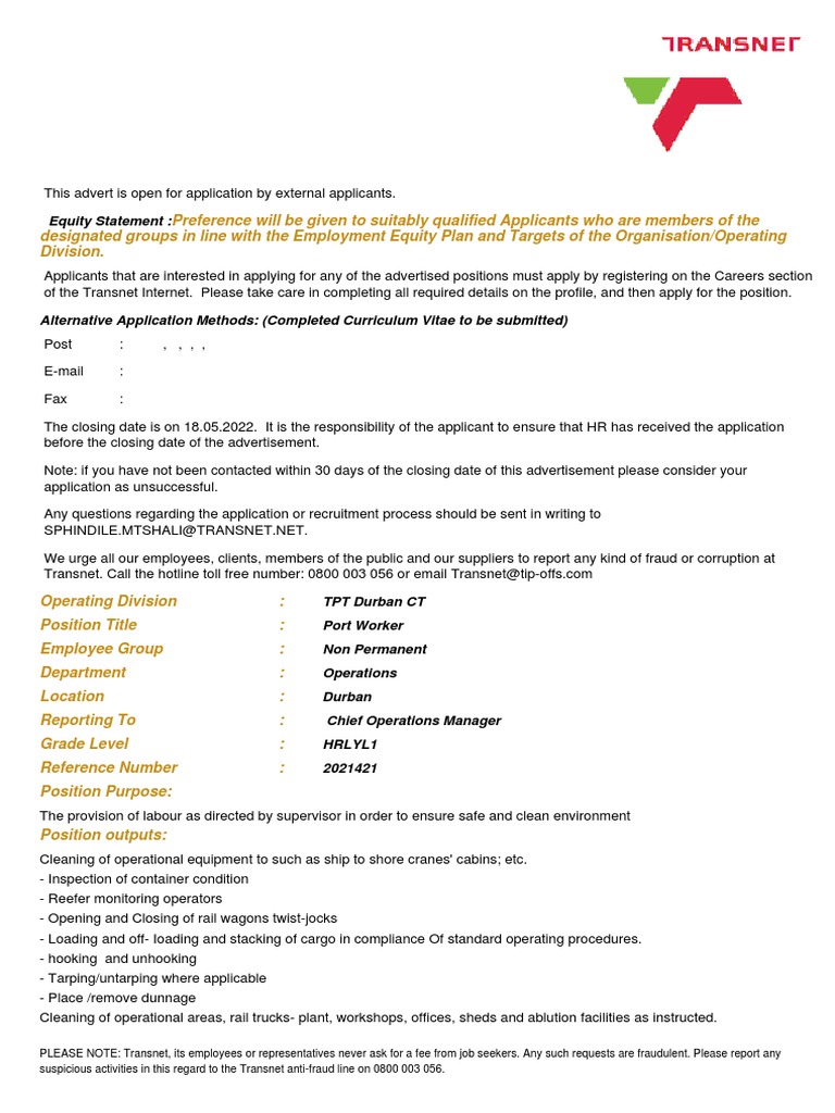 Transnet Port Worker Job Application 2022 | PDF | Recruitment | Business