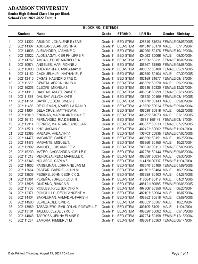 School Class List Format For Assignment