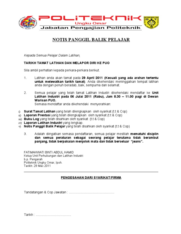 Notis Panggil Balik Pelajardis10 Pdf